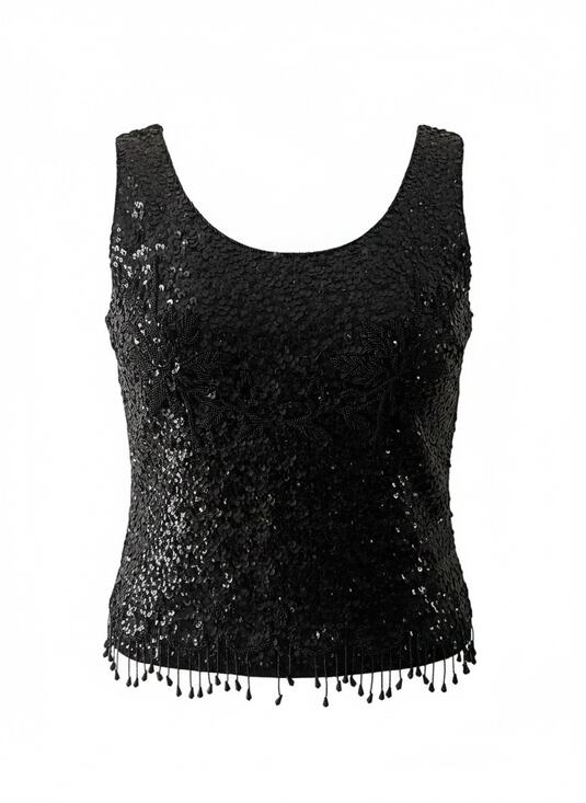 Tops - White Front Vintage Black Sequin Beaded Fringe Tank Top | Hand Decorated